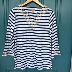 Chico's Nautical Striped Blouse with Embroidered V-Neck Women's S